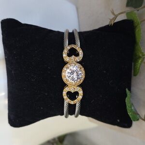 Silver Steel Cable Open Cuff Bracelet with CZ Center And Pave Hearts